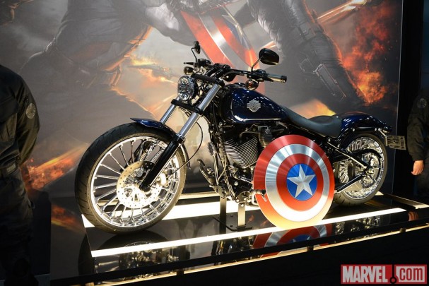 Cap's Harley-Davidson from "Captain America: The Winter Soldier" on display at the Marvel Booth