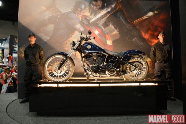 Cap's Harley-Davidson from "Captain America: The Winter Soldier" on display at the Marvel BoothCap's Harley-Davidson from "Captain America: The Winter Soldier" on display at the Marvel Booth