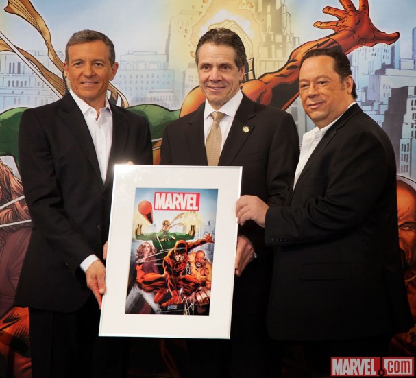 Disney CEO Bob Iger, Governor Andrew Cuomo & Marvel CCO Joe Quesada celebrate that Marvel's Netflix series will film in New York