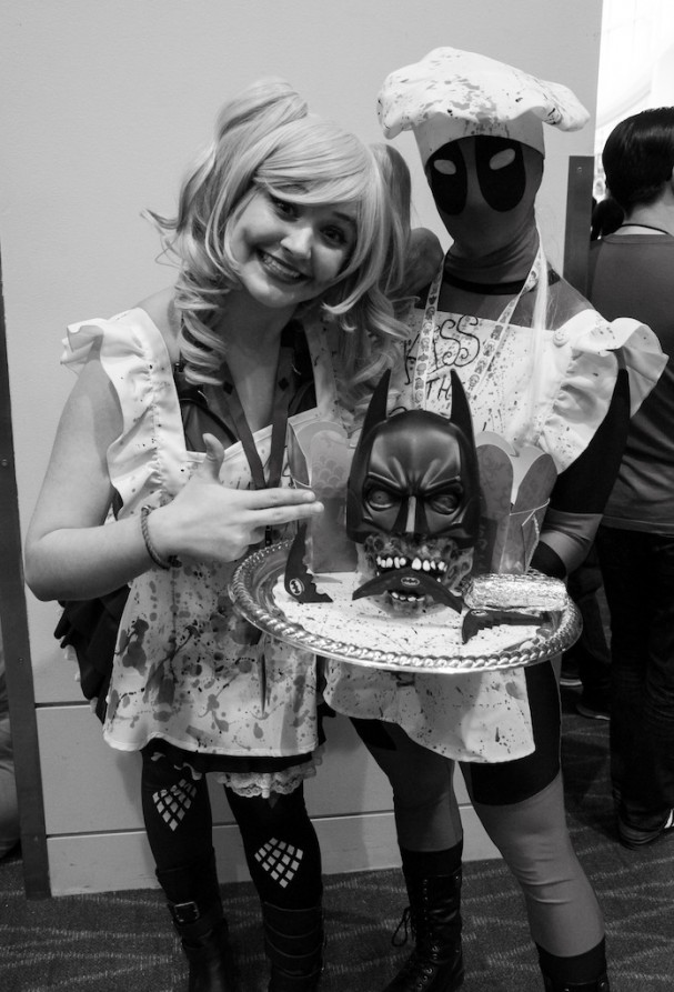 Emerald City Comic-Con (2015) cosplay - Harley Quinn, Deadpool and Batman's head on a plate. Photo by Richard Gray for Behind The Panels